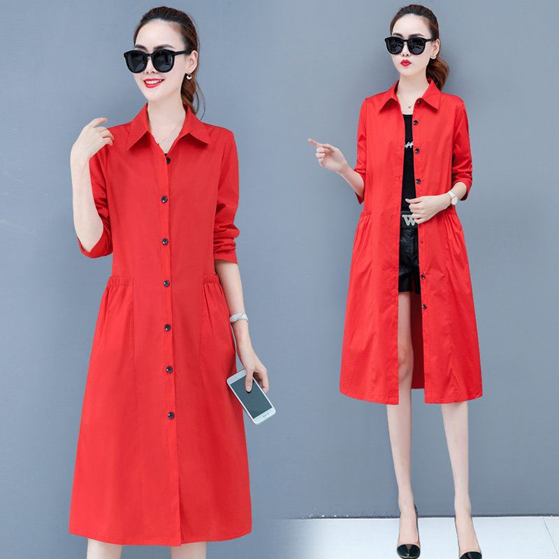 Red coat female Korean version loose 2022 new spring and autumn popular medium long version POLO collar thin with knee windsurges