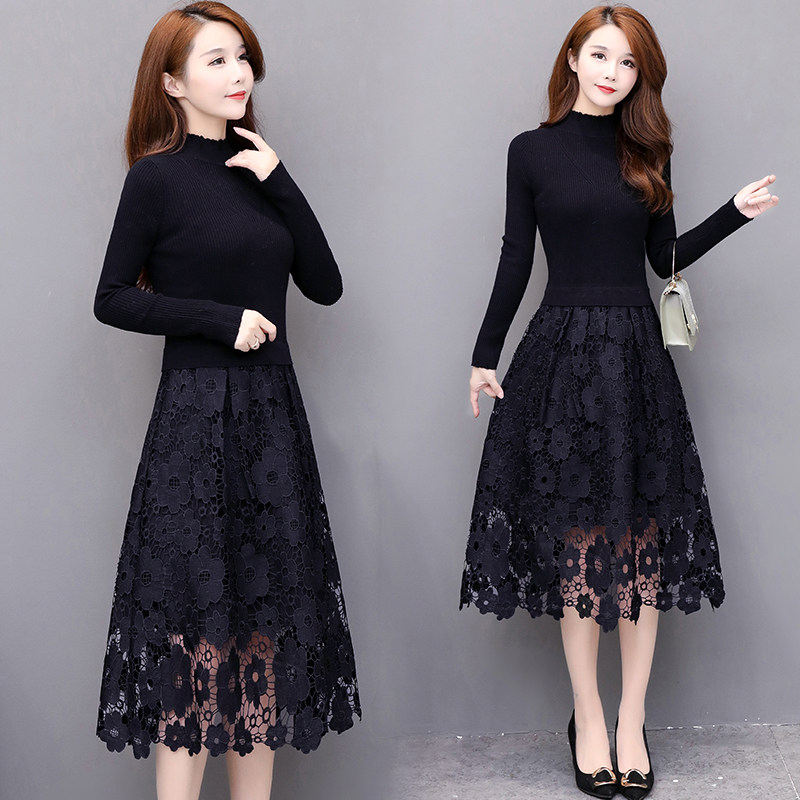 Women's 2021 New Western Knitted Lacy Fake Two Medium and Long Dresses Autumn/Winter Spring 2021