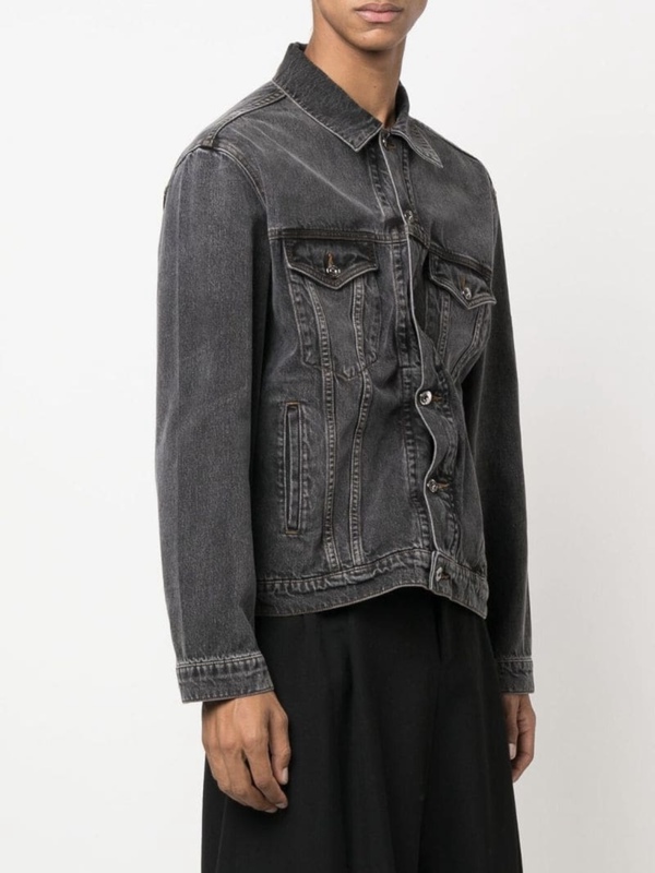 Yproject~ Twisted Wire Black-Gray Washed Denim Jacket with Pleated Design, Casual Loose Jacket for Men and Women