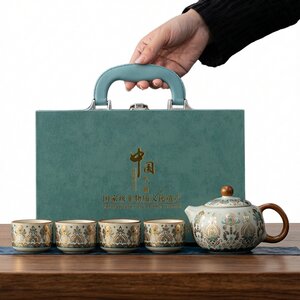 Tea Set 2026 New Model Household Ceramic Ru Kiln Teapot with Lid Bowl Gift Box for Gifting Business Annual Meeting Souvenirs