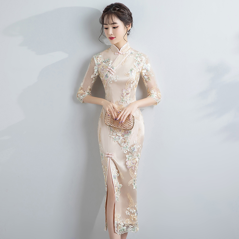 Spring summer cheongsam, evening dress, skirt, with embroidery
