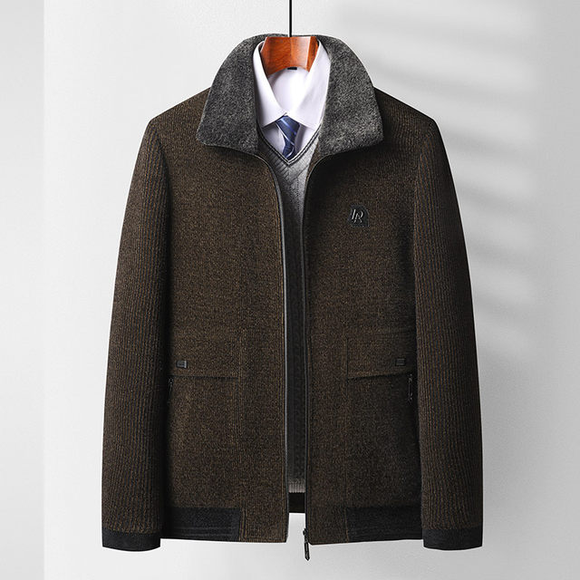 ເສື້ອຍືດດູໃບໄມ້ລົ່ນແລະລະດູຫນາວສໍາລັບຜູ້ຊາຍ, ພໍ່ອາຍຸກາງ, ດູໃບໄມ້ລົ່ນແລະລະດູຫນາວທຸລະກິດແບບສະບາຍໆ lapel chenille jackets ຫນາຂອງຜູ້ຊາຍ woolen