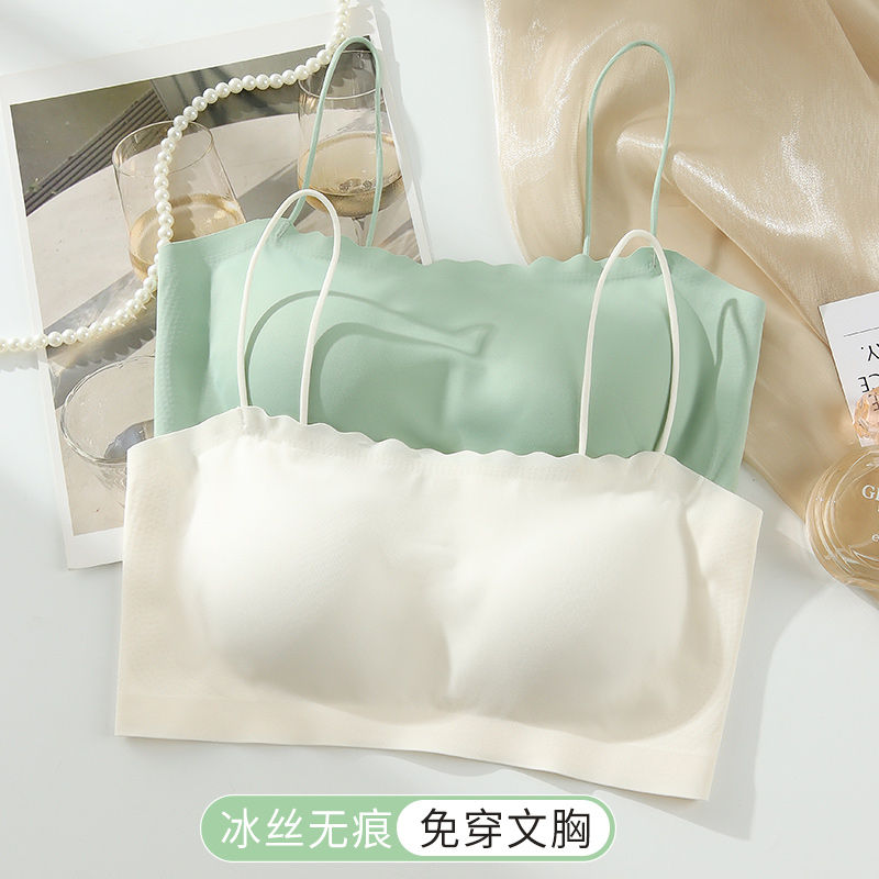 Бесшовная женская внутренняя одежда на маленькой бретельке с накладками на груди, цельнокроеная красивая спинка, бюстгальтер без косточек, белый топ-топик, обтягивающий грудь.