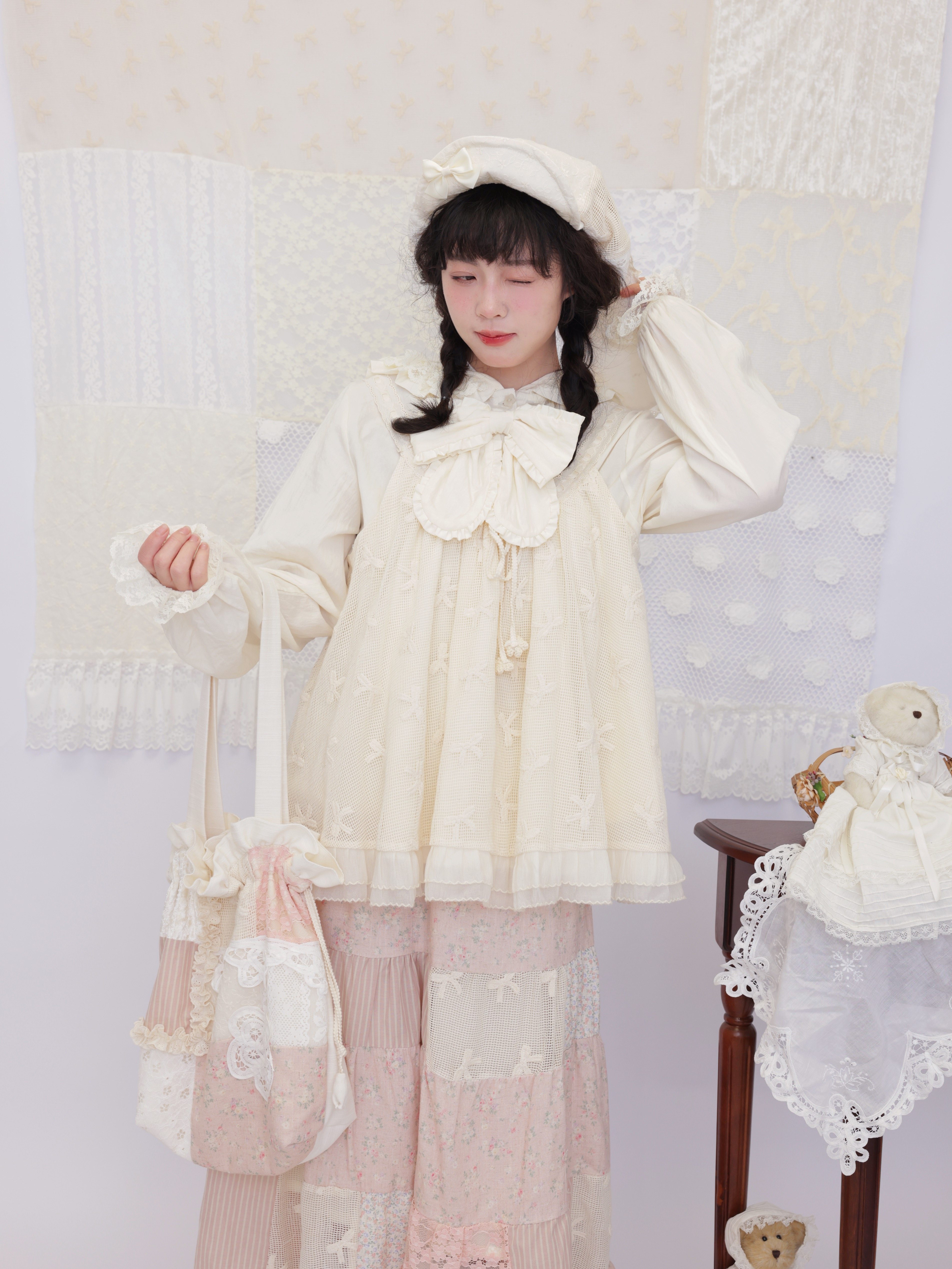 15%OFF】アンティーク調パッチワーク巾着ショルダーバッグ / 小花柄 