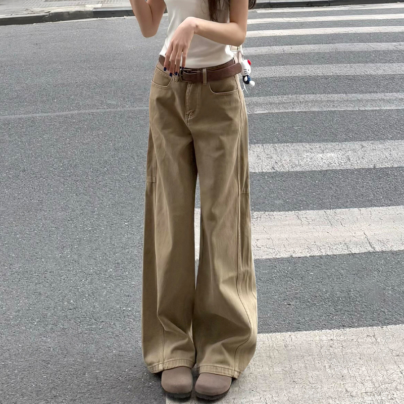 American Retro Khaki Straight-Leg Jeans for Women, New Spring Style, Plus-Size High-Waisted Loose Slimming Wide-Leg Pants