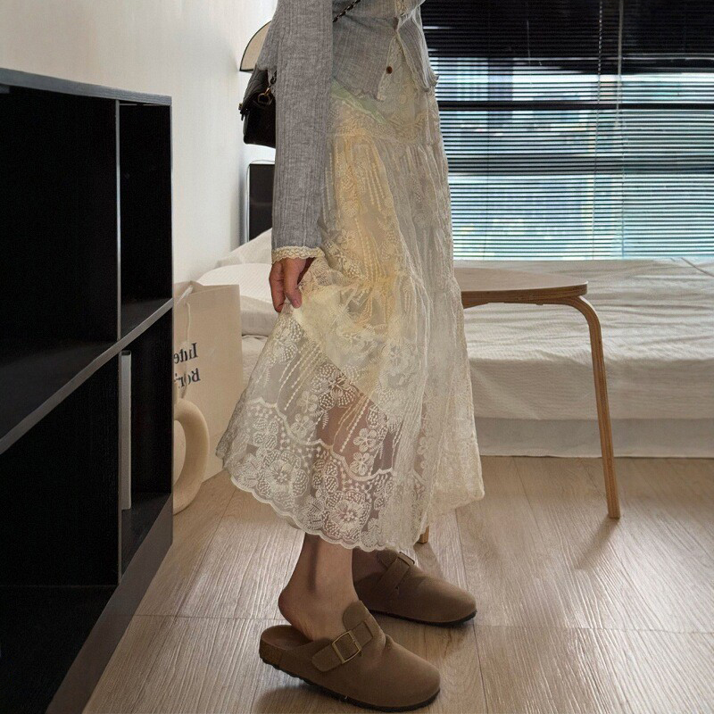 アプリコット色のレース刺繍入りレディーススカート、太めの女子向けの春の新スタイル、ハイウエスト、ヒップカバー、スリム、ミディアム丈のAラインスカート