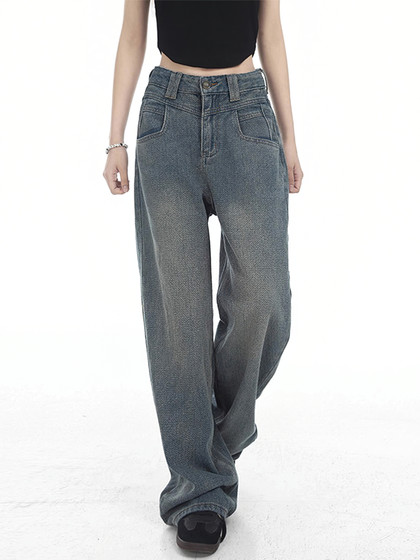美式复古蓝直筒牛仔裤女春季新款胖妹妹mm高腰遮胯显瘦阔腿长裤子