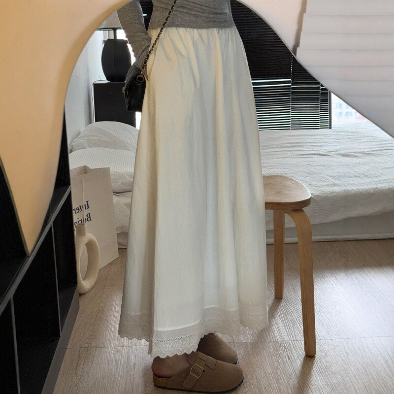ホワイトレーススカート レディース 夏新作 ファットガール mm ハイウエスト カバー ヒップ スリム ミディアムロング Aラインスカート