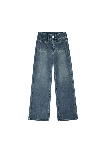 复古蓝微喇牛仔裤女春季新款胖妹妹mm梨形身材高腰宽松显瘦阔腿裤