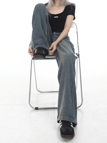 美式复古蓝直筒牛仔裤女春季新款胖妹妹mm高腰遮胯显瘦阔腿长裤子