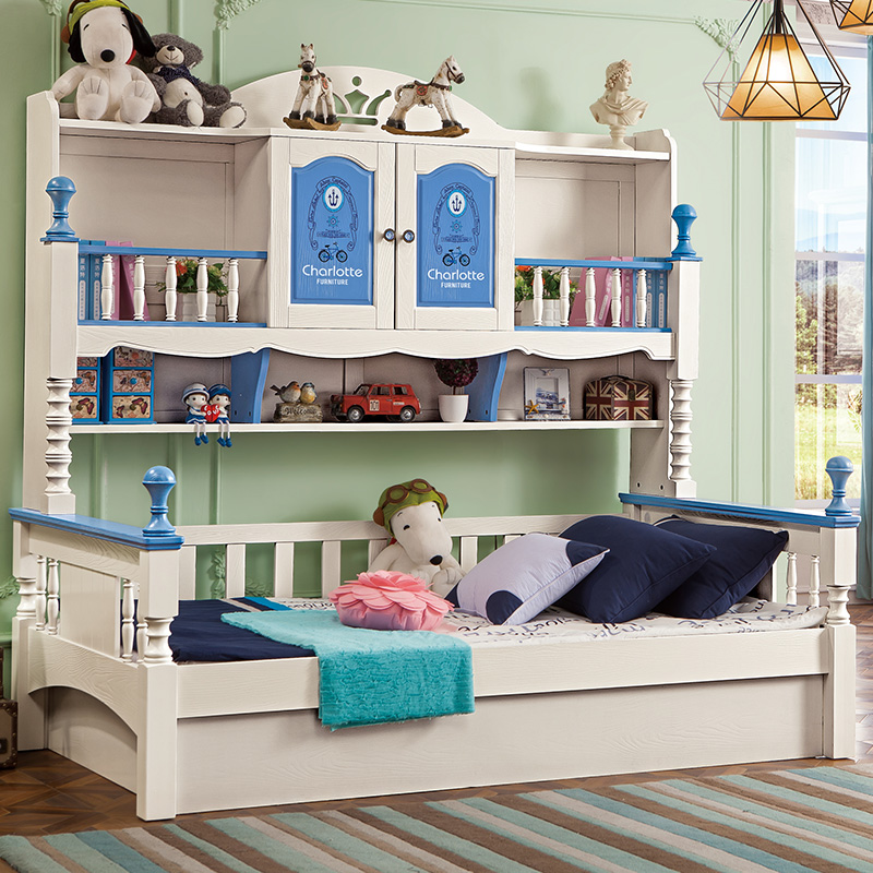 Full Solid Wood Children's Bed Boy Single Beds Bookcase Bookcase Bookcase Bed Blue 1 35 m Wardrobe Bed Integrated Small Family