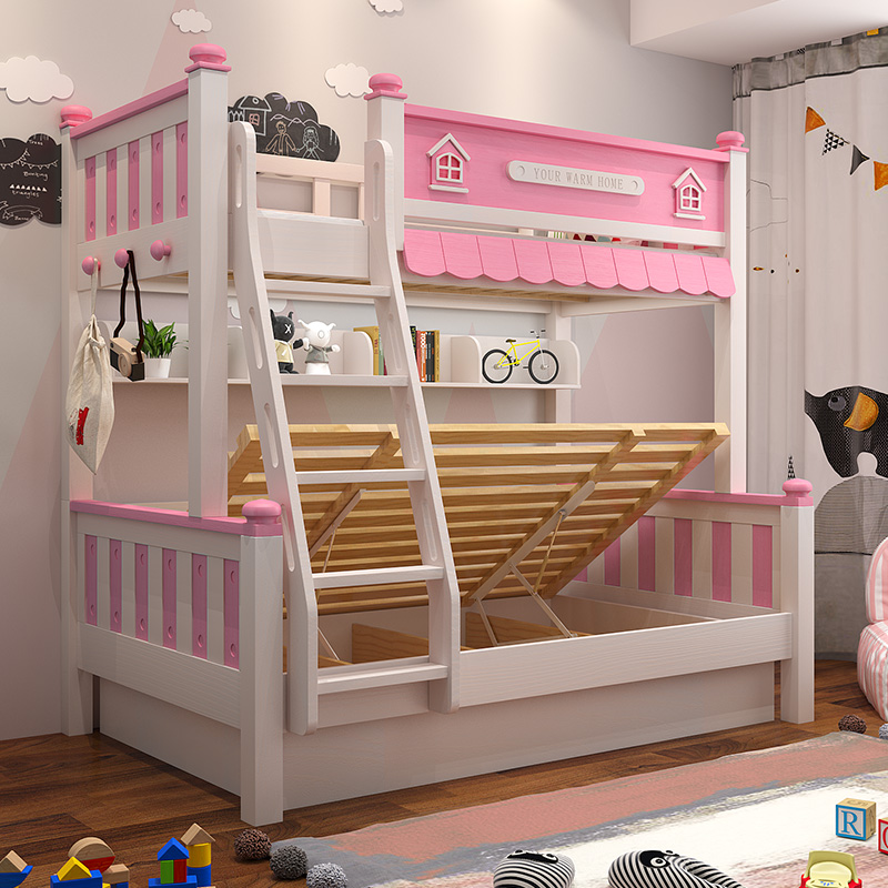 The girl's princess bed upper and lower beds double-layer solid wood children's bed castle dream high and low upper and lower bunk with slide pink