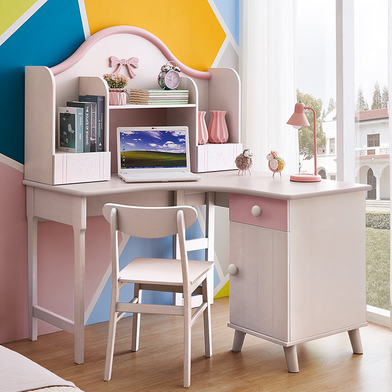 Pink full solid wood children's computer desk Nordic minimalist desk study desk desk bookshelf group full house with table
