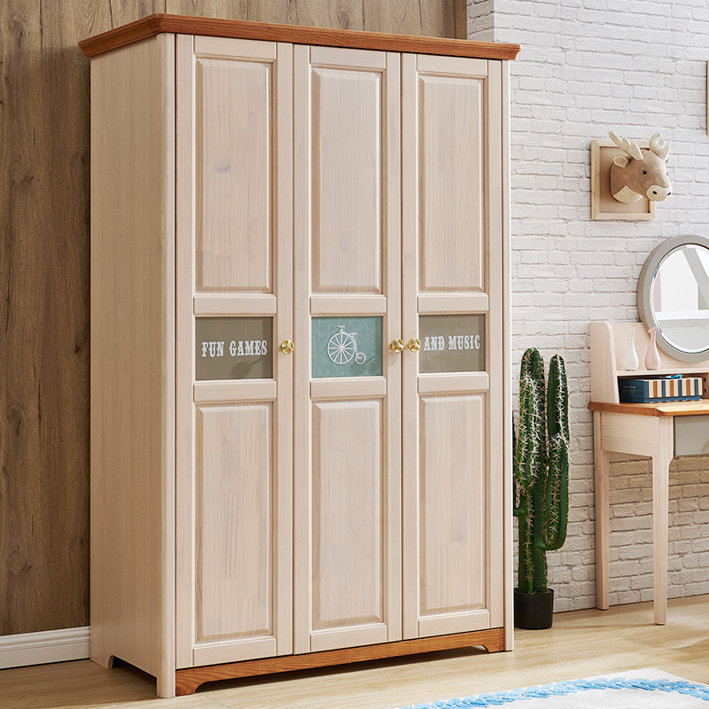 Nordic Full Solid Wood Children Wardrobe Three Doors Wardrobe Big Closet Easy Wardrobe Assembly Combined Wardrobe 1 3 m