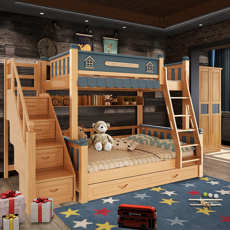 Solid wood bunk bed boy high and low with desk parallel double children small family multifunctional combination 1 5m