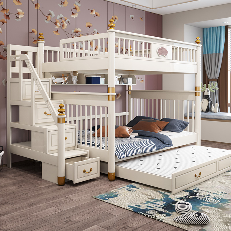 Light luxury solid wood high and low bed small apartment 1 8 meters children's bed girl princess bed bunk wooden bed double-layer same width