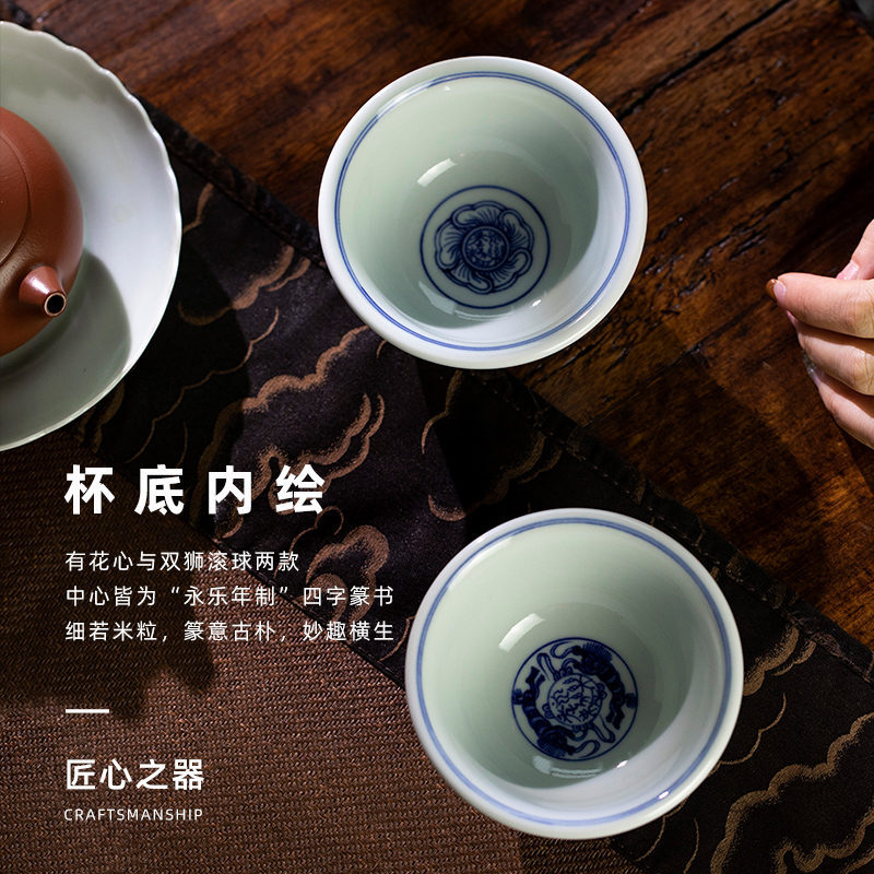 Mountain sound jingdezhen imitation hand cup a blue - and - white Ming yongle pressure than a capacity of 125 ml pure manual and the name of tea cups
