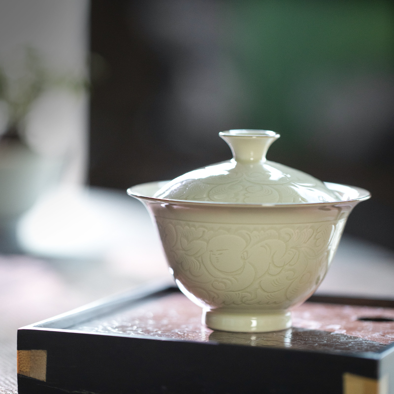 Jingdezhen up lying foot tureen series tureen kung fu tea set three cups to tureen bowl with cover