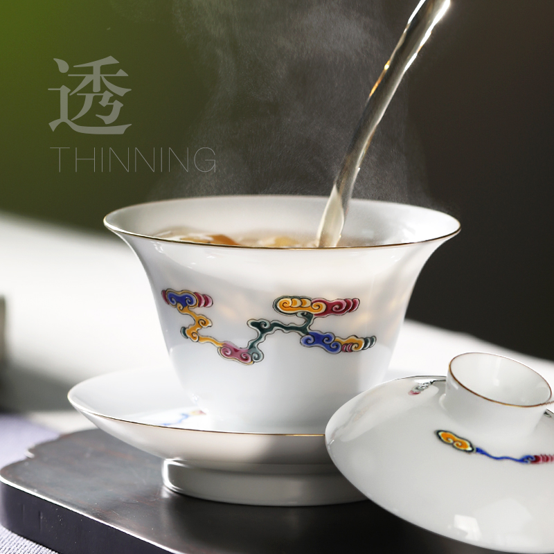 Colored enamel handpainted xiangyun tureen tea sweet pure manual craft thin body porcelain bowl with jingdezhen ceramic tea set