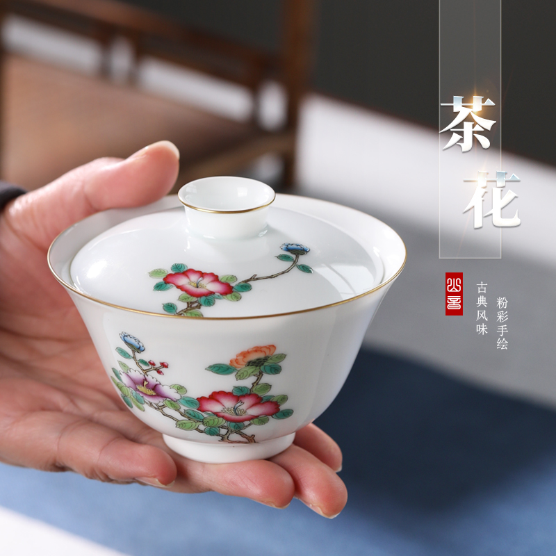 Mountain sound hand - made pastel camellia no riding tureen tea bowl of white porcelain tea sets jingdezhen high temperature ceramic cups