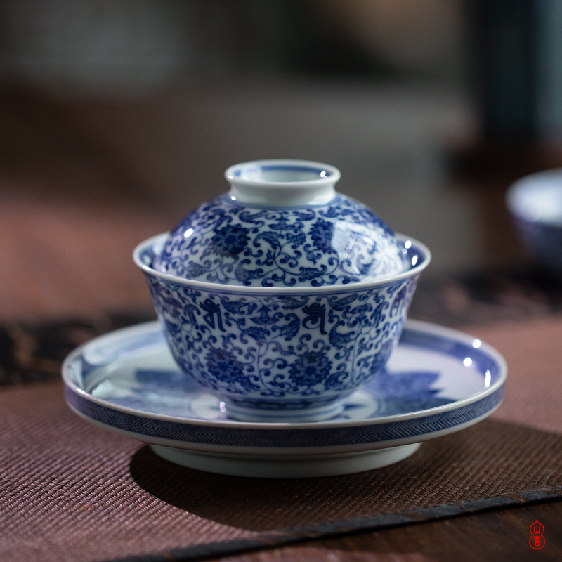 New arborist benevolence blue treasure phase tureen jingdezhen blue and white tea tureen three only hand - made ceramic bowl