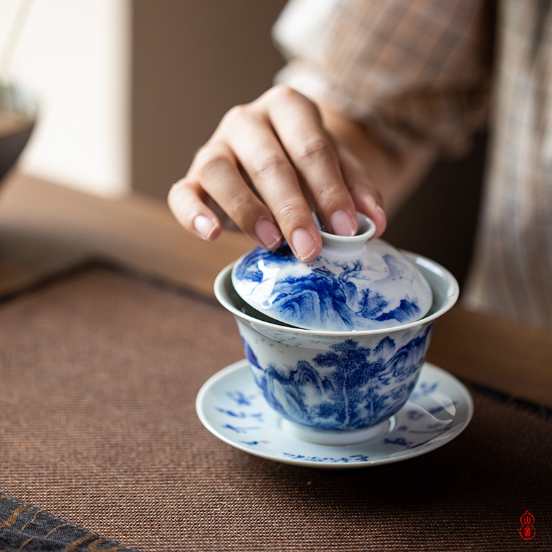 Poetry and landscape green room three only high - end tureen tureen jingdezhen porcelain hand - made teacup tea bowl