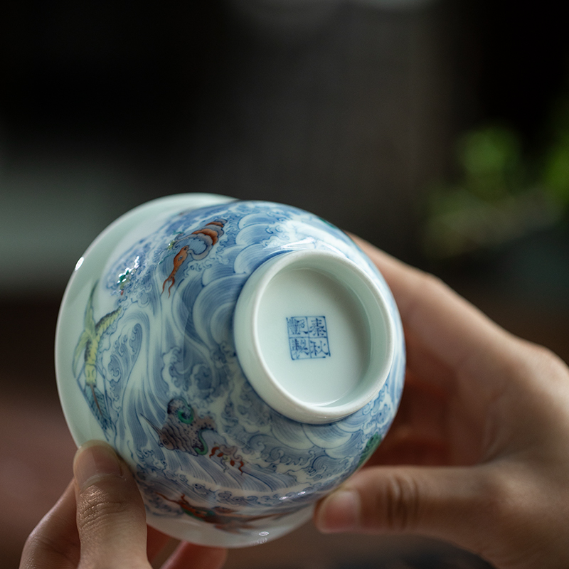 Qin Qiuyan bucket color sea monster grain tureen jingdezhen pure manual three high - end tea sets tea tureen ceramic bowl