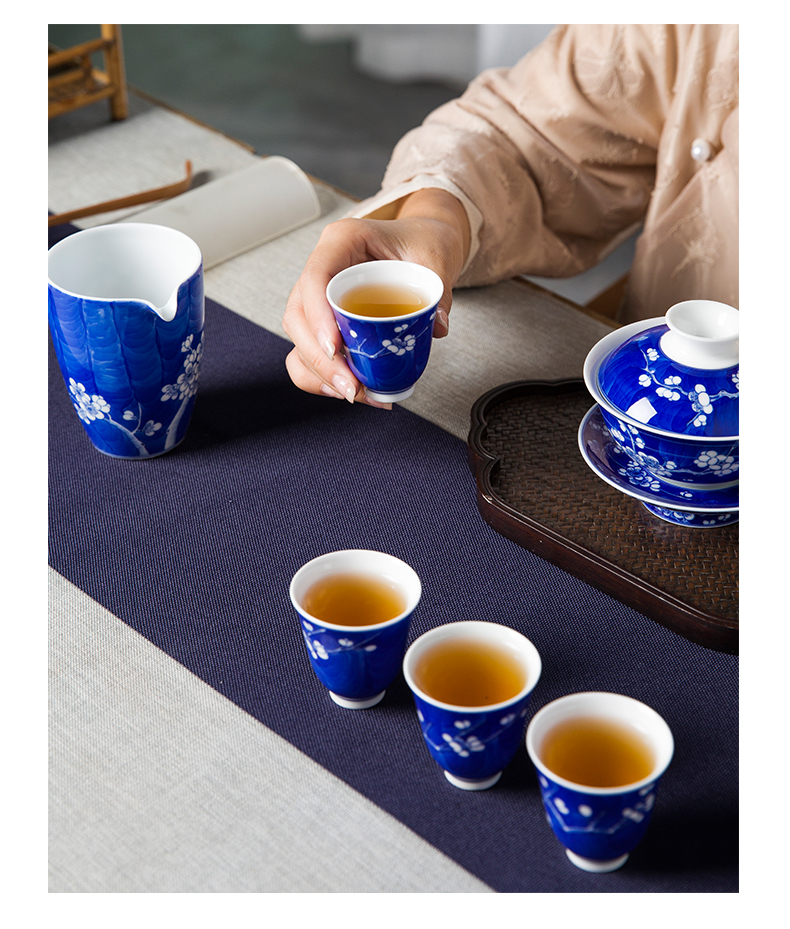 Ice name plum series suit jingdezhen blue and white pure manual tureen hand - made teacup kung fu tea set suits for high temperature ceramic