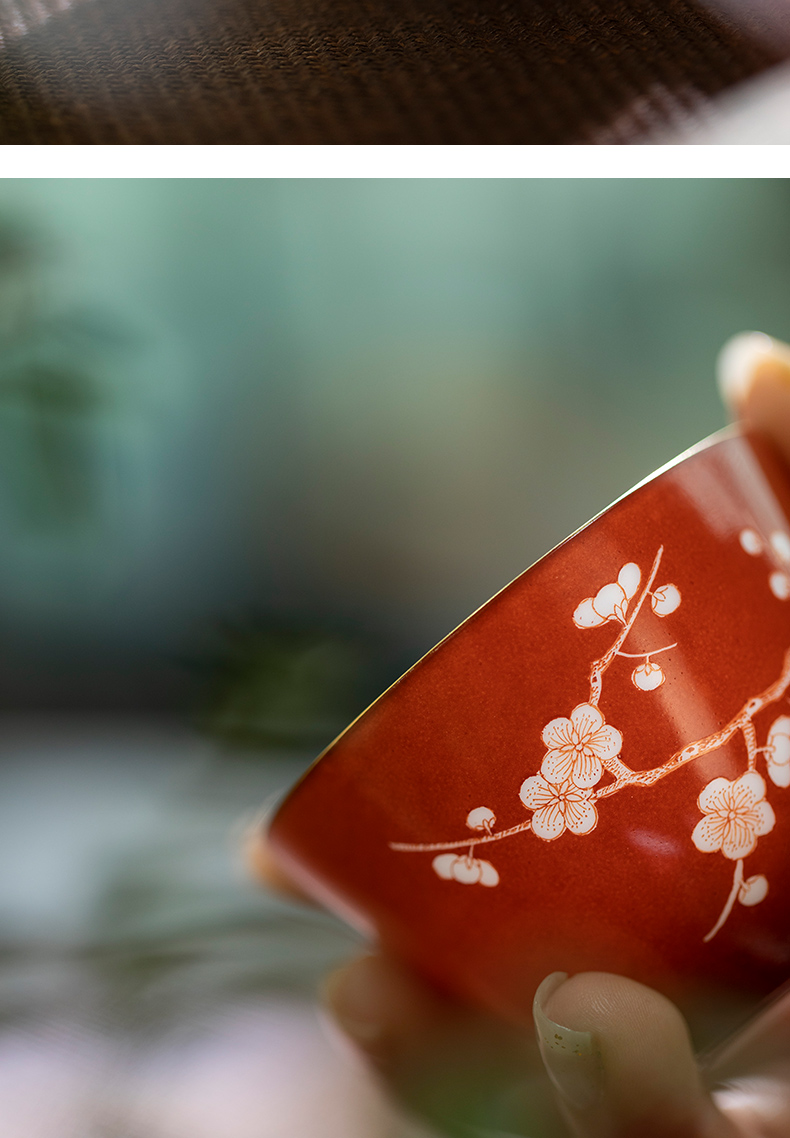 Mountain sound of pure hand - made alum red name plum blossom put master cup of jingdezhen 75 ml sample tea cup thin foetus tea cup single CPU