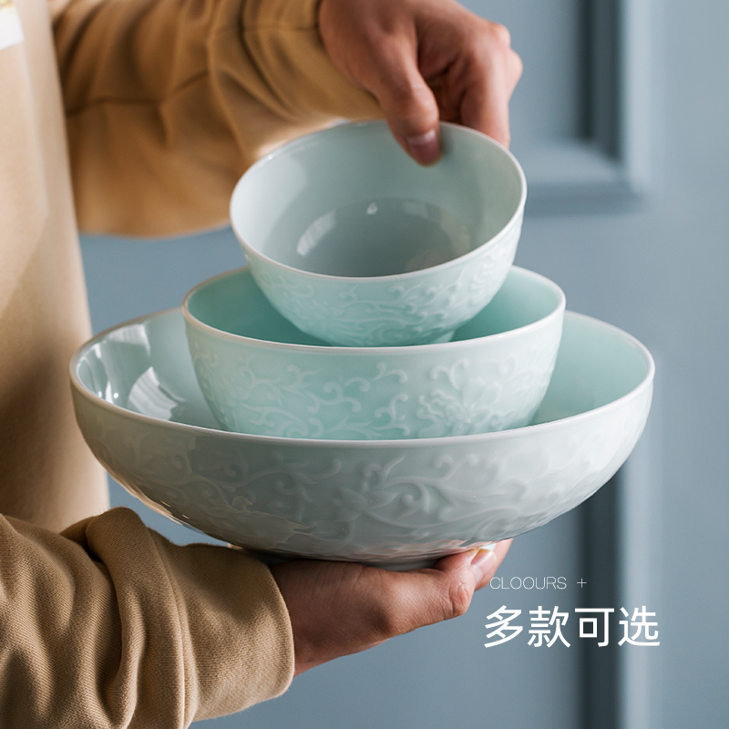 Jingdezhen shadow green bowl bowl spoon, ceramic tableware dishes suit household tableware suit