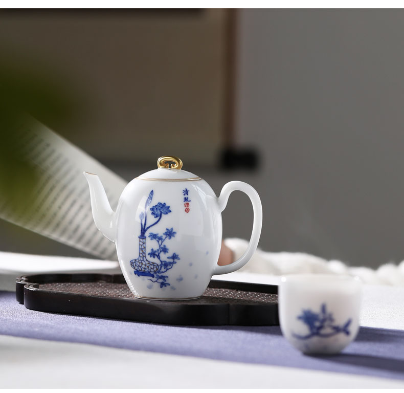 Mountain sound kung fu tea pot full manual single pot of ceramic hand - made gold jingdezhen blue and white porcelain tea set