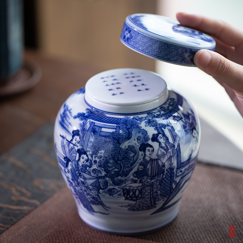 Art home benevolence ten beautiful blue and white double sealing ceramic tea pot lid caddy fixings jingdezhen blue and white porcelain
