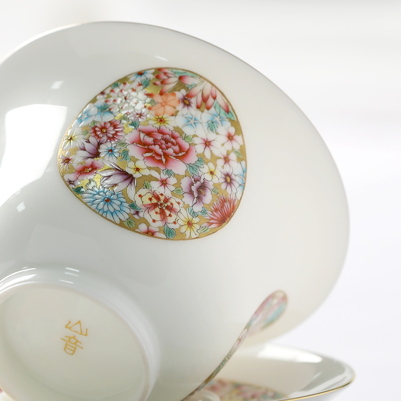 Sound hand - made gold base mountain flower is pure manual tureen cup bowl large thin foetus jingdezhen porcelain tea set