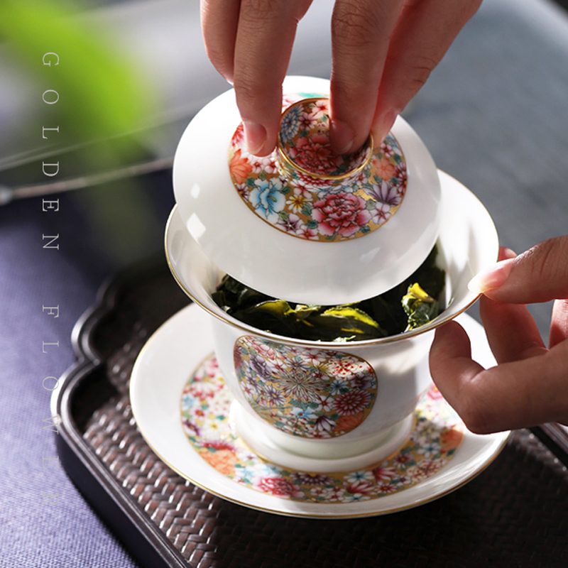 Sound hand - made gold base mountain flower is pure manual tureen cup bowl large thin foetus jingdezhen porcelain tea set