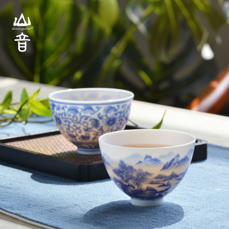 Pure manual master cup single CPU personal cup large - sized hand - made teacup to use ceramics jingdezhen blue and white kung fu tea set