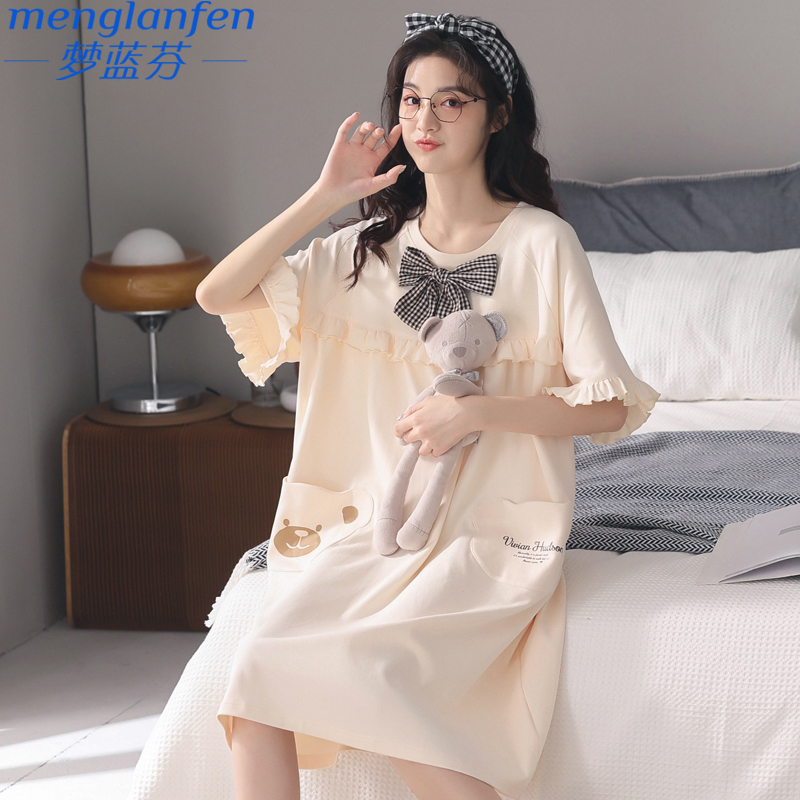 2022 New Sleeping Dress Lady Summer Pure Cotton Short Sleeve Minimalist Home Conserved Girls Sleepwear Summer Thin full cotton