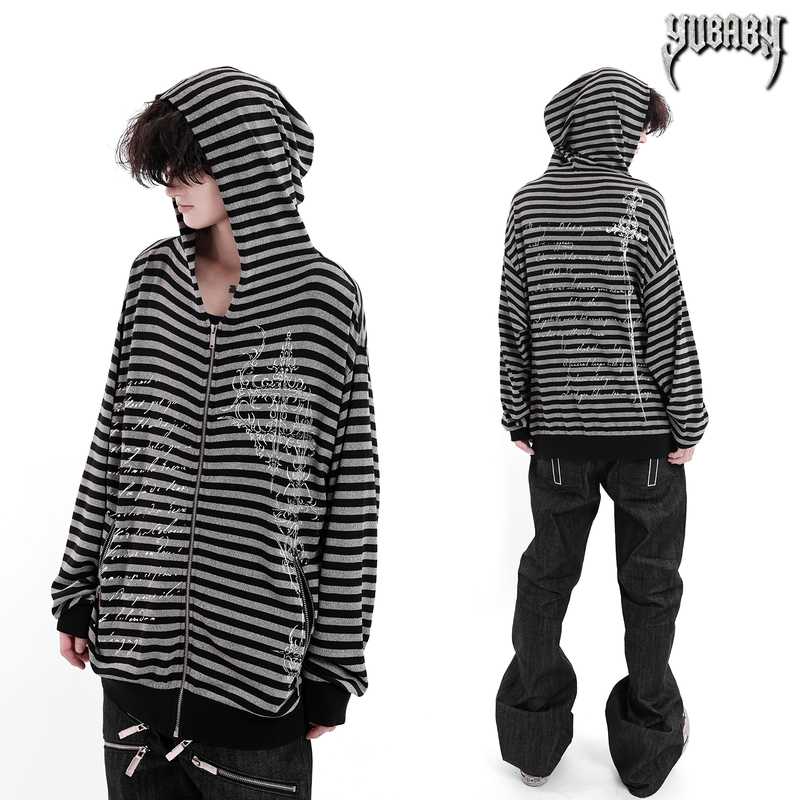 [Melancholy] Gothic Cross Subculture Black and Gray Striped Ice Silk Knitted Lightweight Long-Sleeved Hooded Jacket