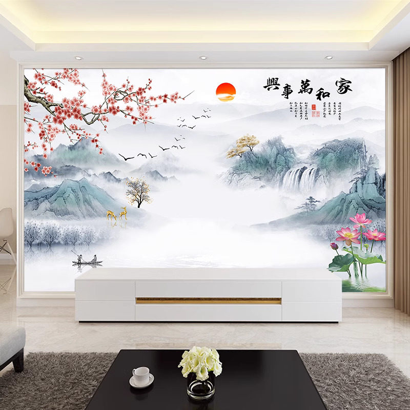 2025新中式山水画电视背景墙定制壁布！美到邻居天天来借WiFi！-无纺布墙纸-淘宝好物网