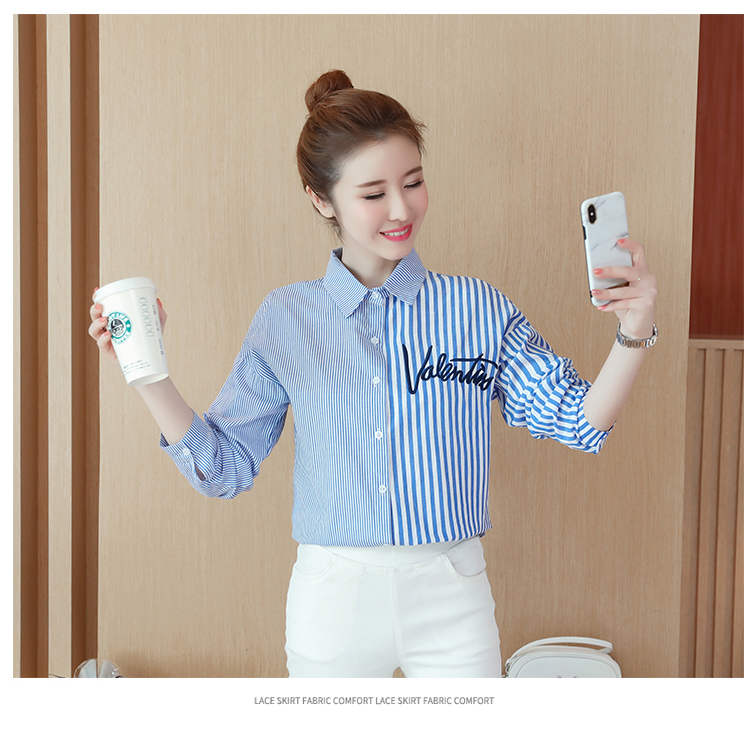 Áo sơ mi nữ xuân hè 2018 mới dành cho học sinh trung học cơ sở Hàn Quốc phiên bản áo dài tay lỏng lẻo sọc ngang quần áo áo khoác sơ mi nữ