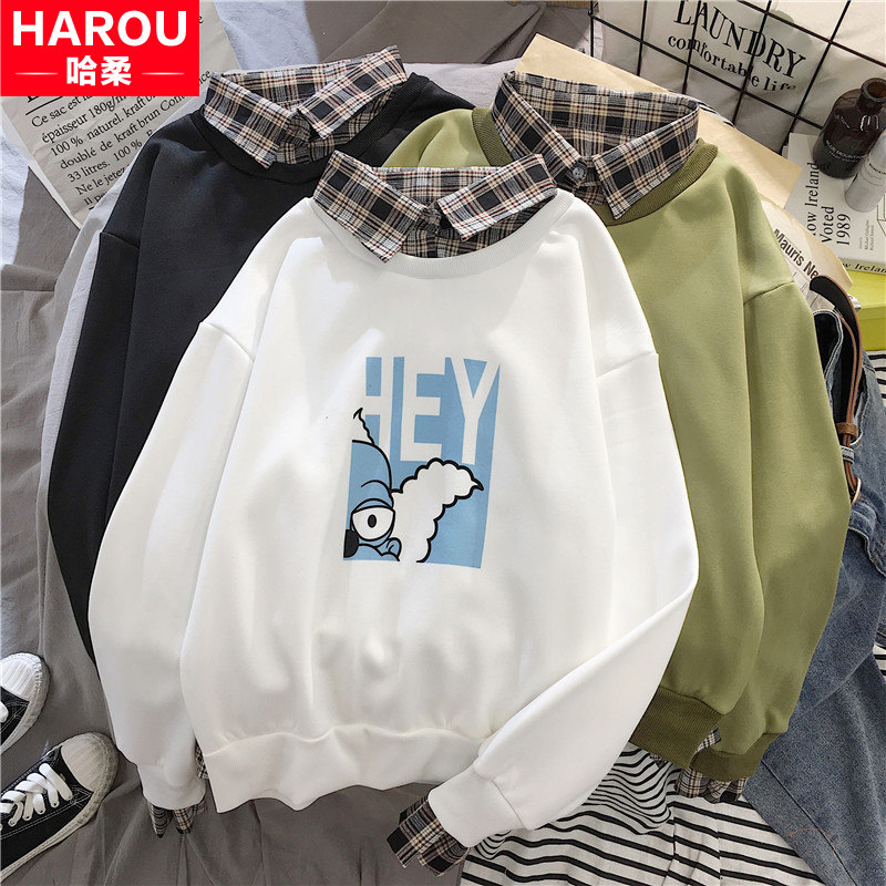 Fake two pieces of sweater women autumn winter clothes 2021 New Junior High School High School students Korean version of loose velvet padded clothes