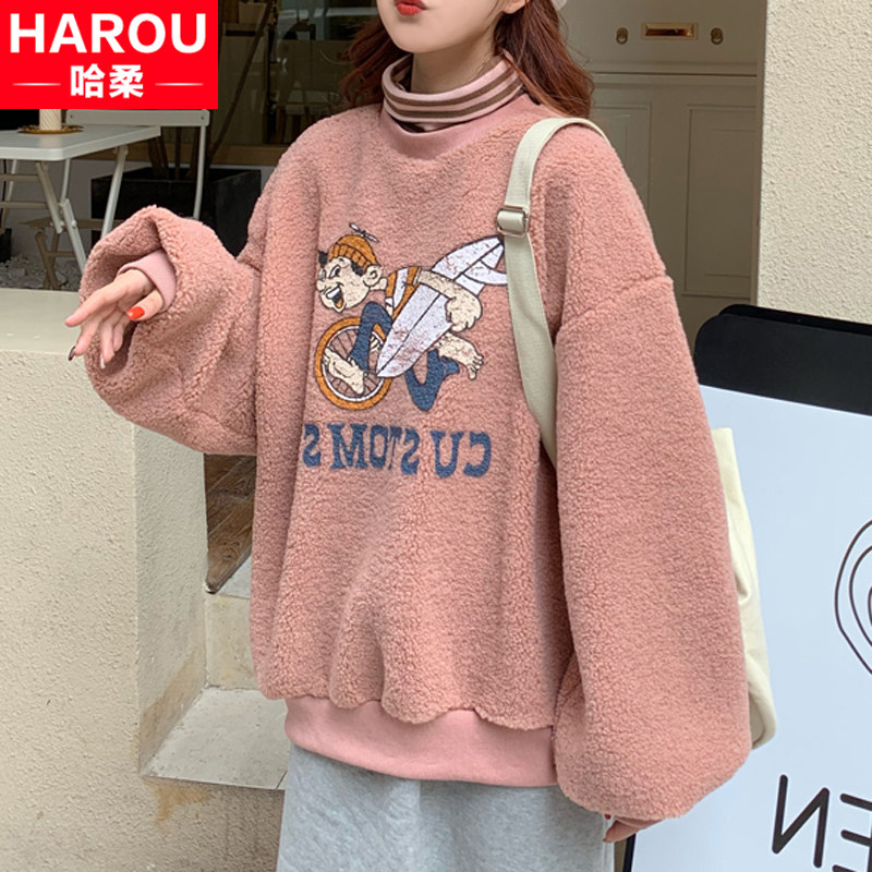 Lamb wool sweater girls autumn and winter wear 2022 new junior high school students loose Korean version plus velvet thick coat