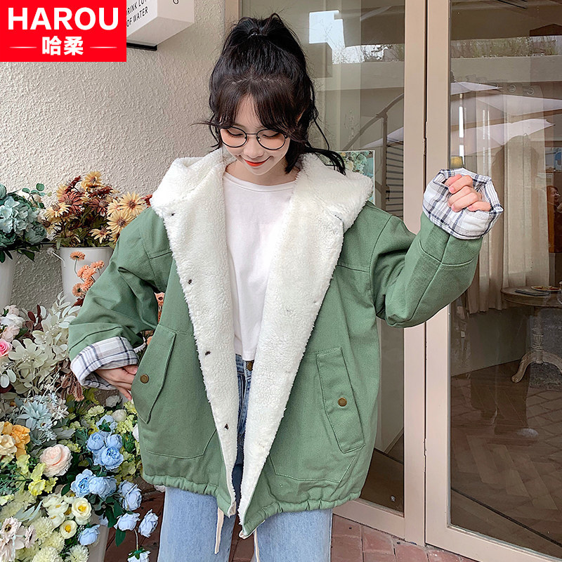 Lamb wool coat girls autumn and winter wear 2022 new junior high school students Korean version loose all-match plus velvet thick tooling