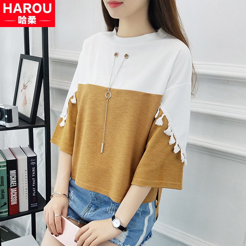 Short-sleeved T-shirt women's 2021 new summer Korean version of the tide loose seven-point mid-sleeve bat shirt high school students top clothes
