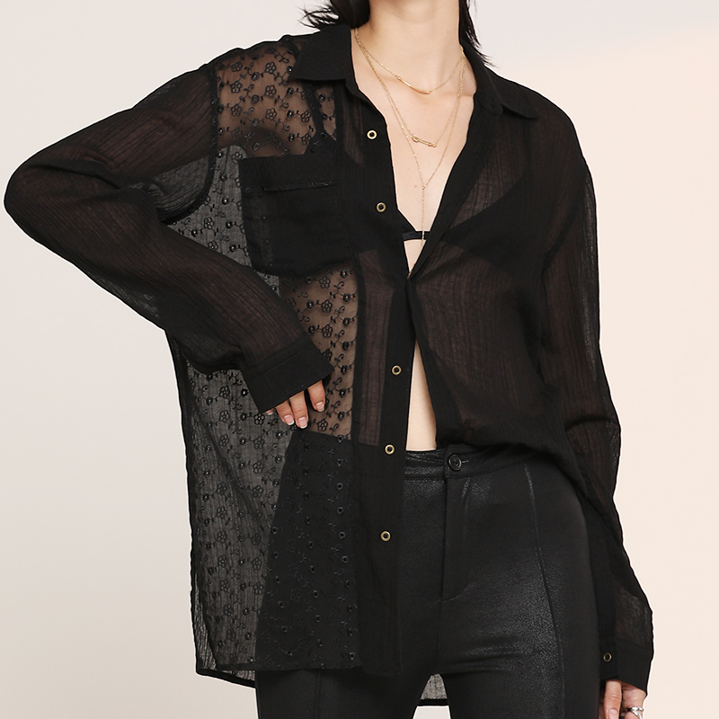 Dj Silk Shirt, Feminine Splicing, Original Design, Niche Mulberry Silk, Summer See-Through, Elegant Sun Protection Top