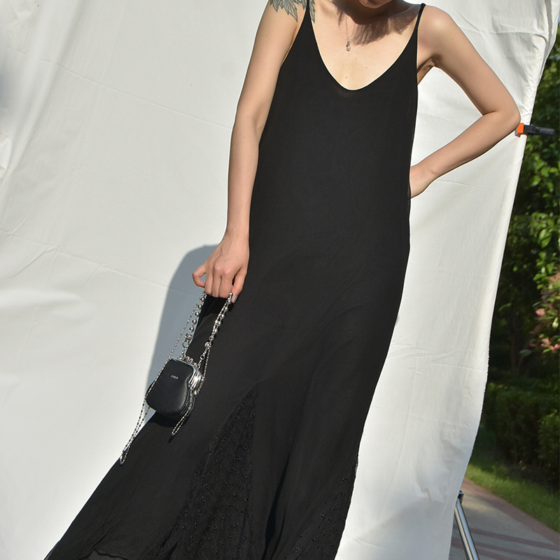 dearjoannn black harness ocean dress with summer thin section sexy loose high-end real silk hanging band skirt mulberry silk