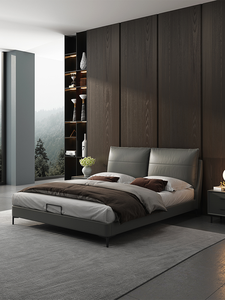 Minimalist leather bed Master bedroom 1 8 meters wedding bed Nordic solid wood bed Modern simple first layer cowhide double bed 1 5