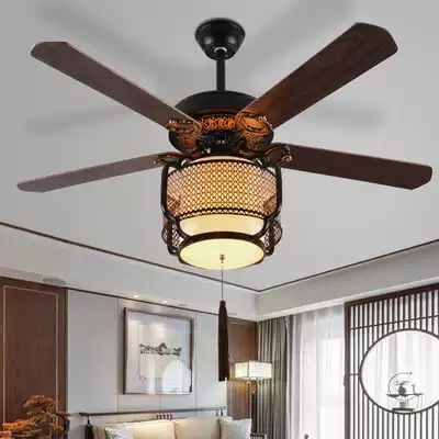 New Chinese-style ceiling fan lamp dining room living room retro fan chandelier Wood Leaf electric fan lamp household remote control electric fan mute