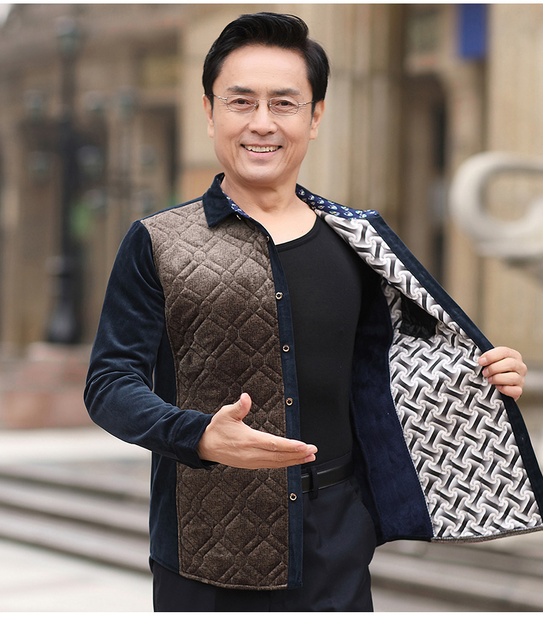 Quần áo thu đông 2018 mới bố mặc áo ấm trung niên nam trung niên cộng áo sơ mi nhung dài tay cộng áo cotton áo sơ mi xanh