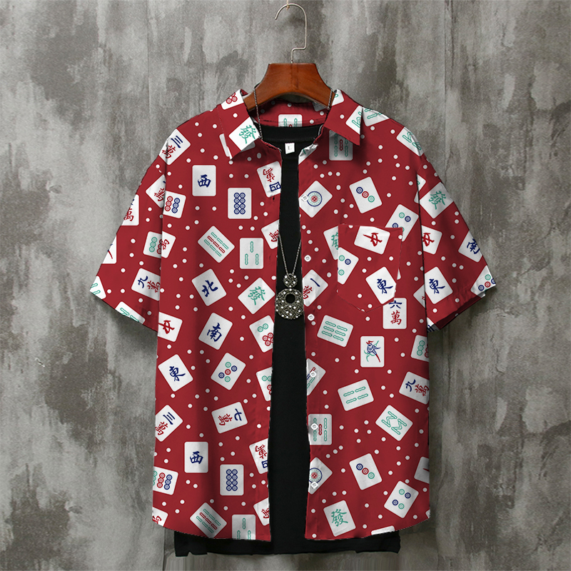 Mahjong Hong Kong Style Versatile Short-Sleeved Shirt for Men and Women, Summer Zodiac Year Red New Year Clothing, Niche Trendy Top