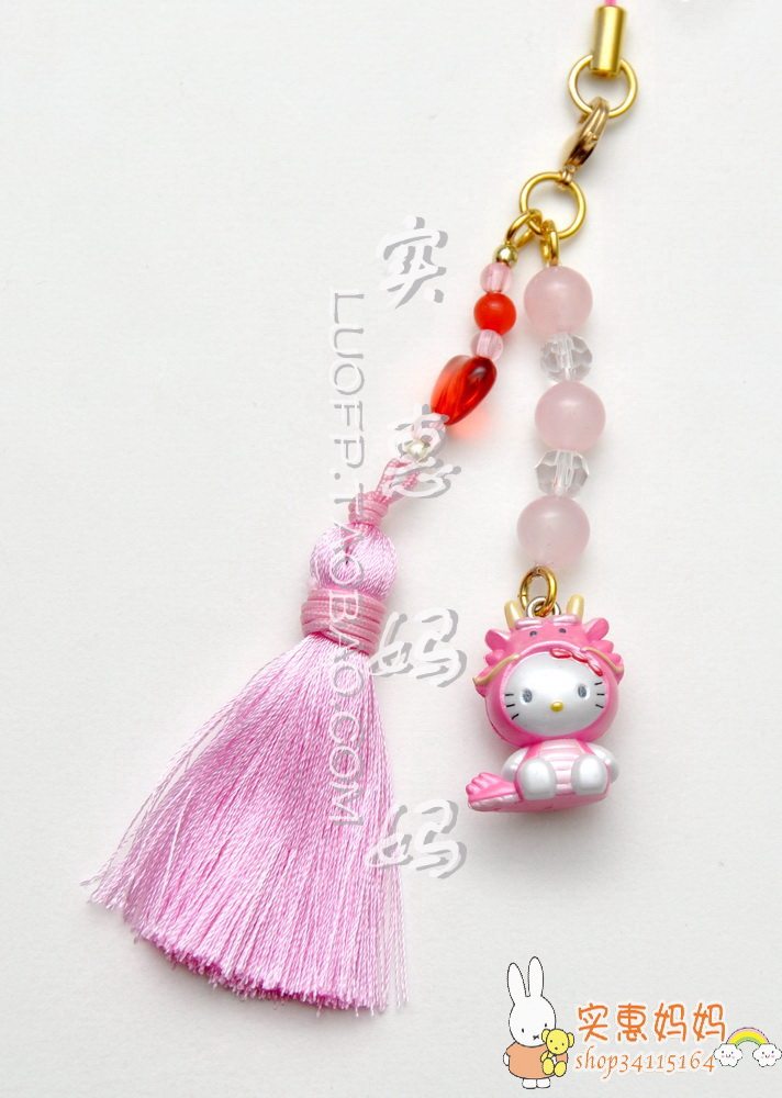 Imported special spot Japan direct delivery of natural powder crystal Hello Kitty dragon powder mobile phone lanyard tassel